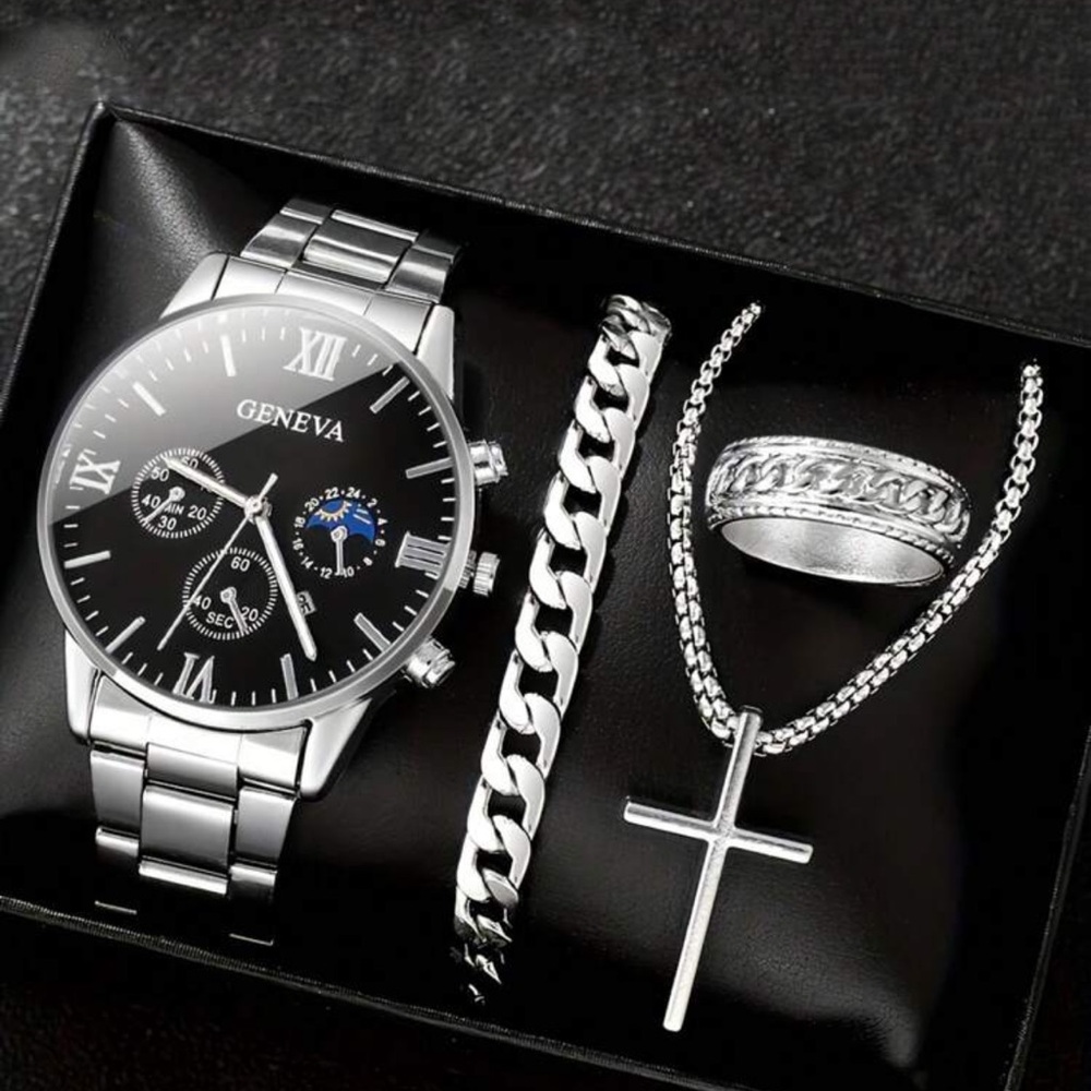 4pcs Men's Set:Quartz Watch Silvery Cross Pendant Necklace, Ring & Bracelet